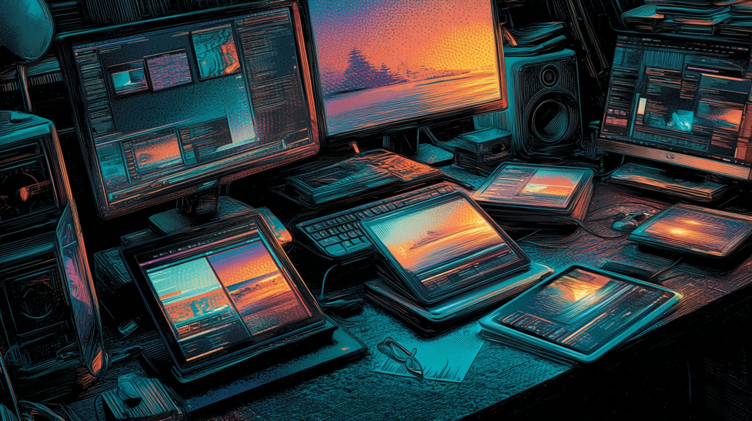 Multiple glowing screens display the same design in sync, showing a creative system running smoothly.