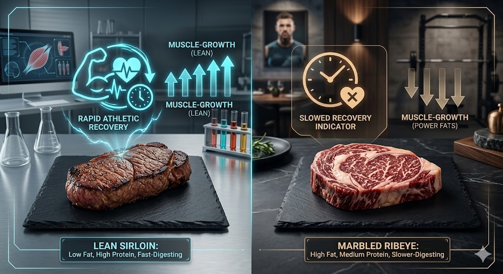 An informative infographic comparing a lean sirloin steak with a marbled ribeye steak for muscle growth. The left side (lean sirloin) features blue glowing icons for 'RAPID ATHLETIC RECOVERY' and 'MUSCLE-GROWTH (LEAN)' with upward arrows, set against a lab and gym background. The right side (marbled ribeye) features gold glowing icons for 'SLOWED RECOVERY INDICATOR' and 'MUSCLE-GROWTH (POWER FATS)' with downward arrows, set against a dark kitchen background. Both sides include bottom text descriptions of the meat types.