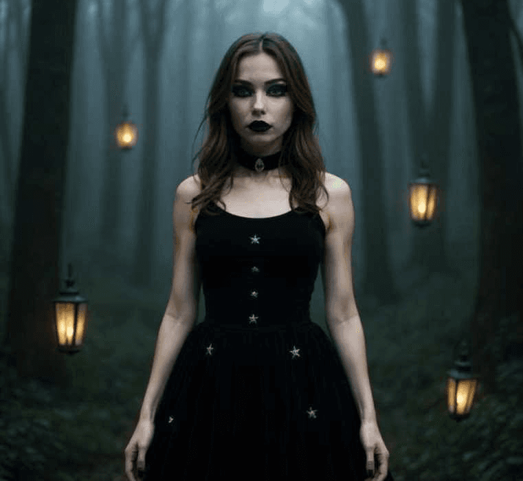 AI goth girl full body picture in the forest