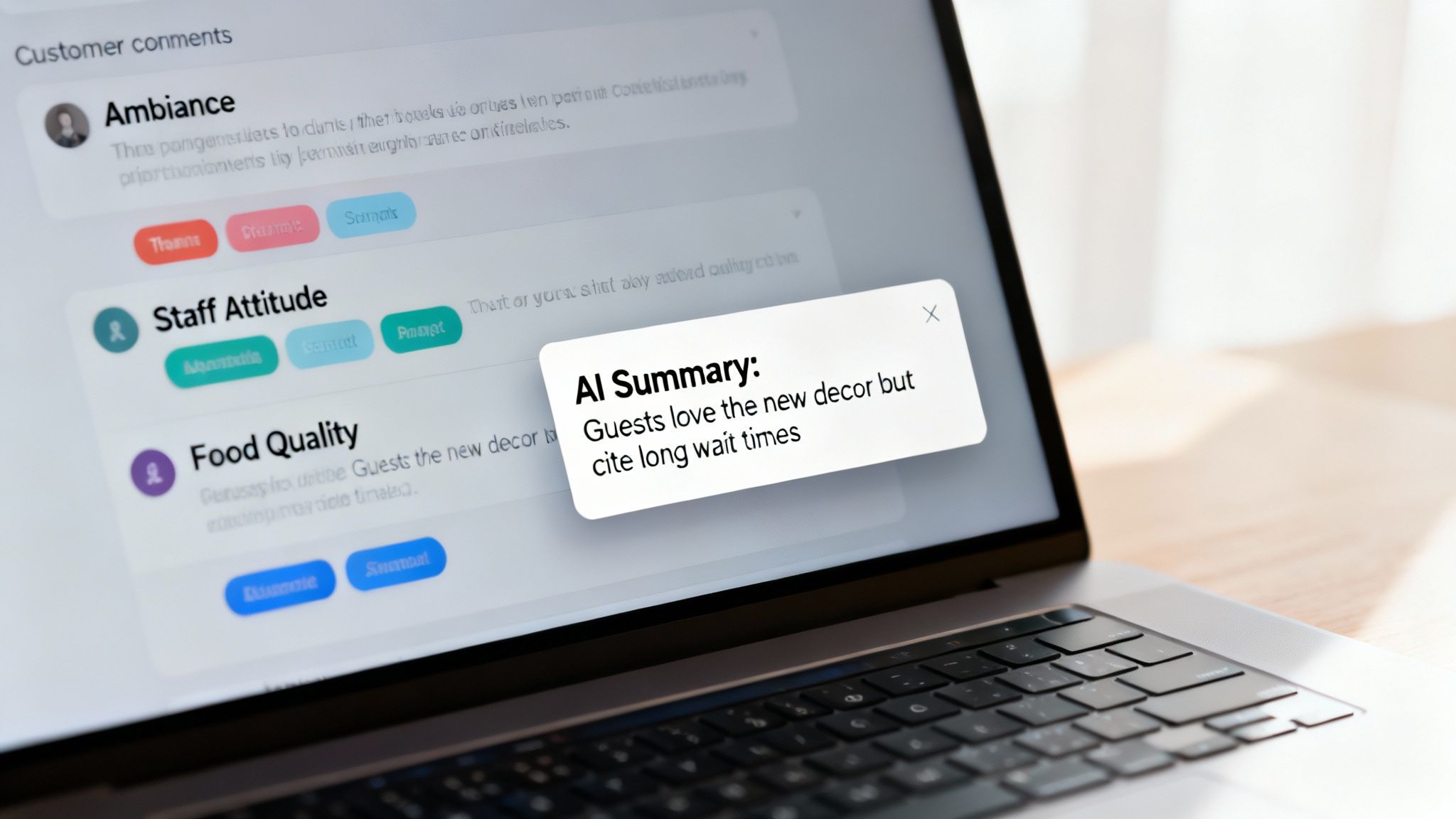 Laptop displaying customer feedback on food quality, staff, ambiance with an AI summary of guest comments.