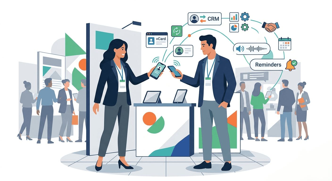 Sales representatives using Habsy's NFC phone-to-phone sharing at a trade show, instantly capturing contacts, conversation context, follow-up reminders, and CRM-ready lead information.