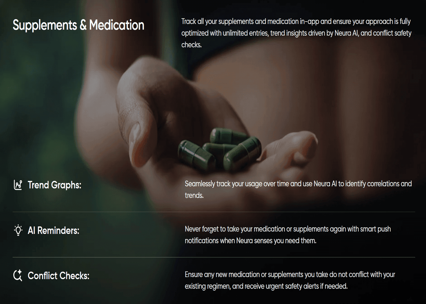Supplement tracker app: Woman holding green supplements overlaid with details about Neura