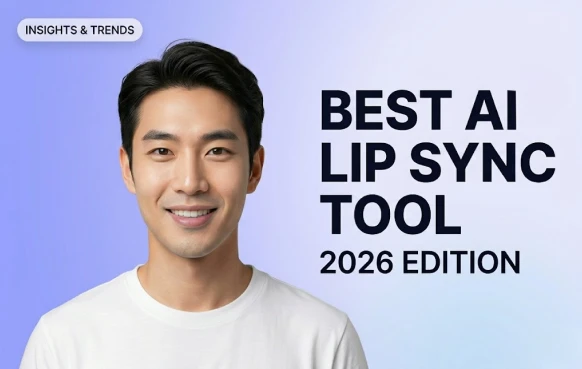 A smiling man next to the text 'BEST AI LIP SYNC TOOL 2026 EDITION' with an 'INSIGHTS & TRENDS' badge on a purple gradient background