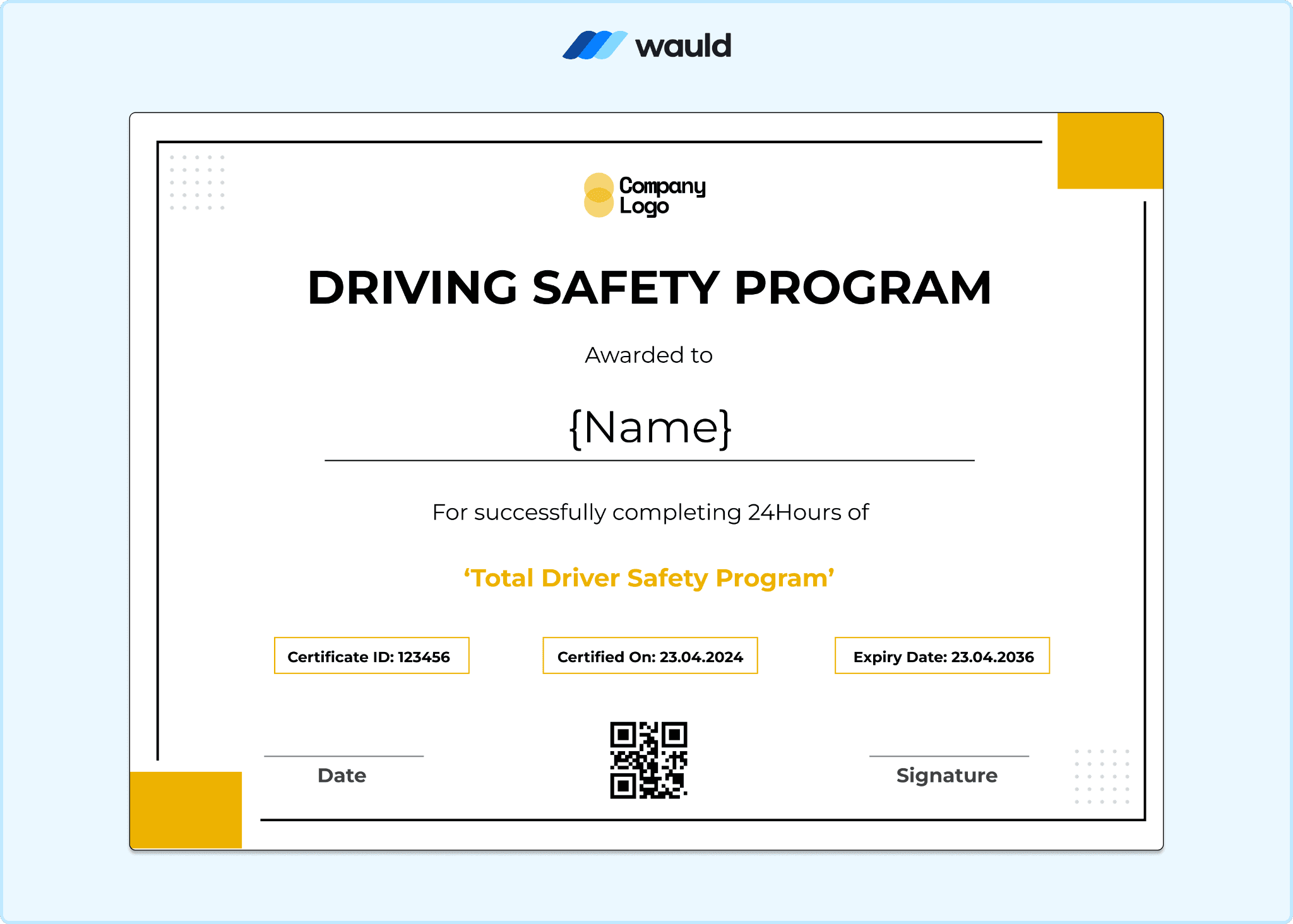Driving safety program certificate with yellow design accents, clean white layout, recipient name field, certificate ID, certified date, expiry date, and QR code