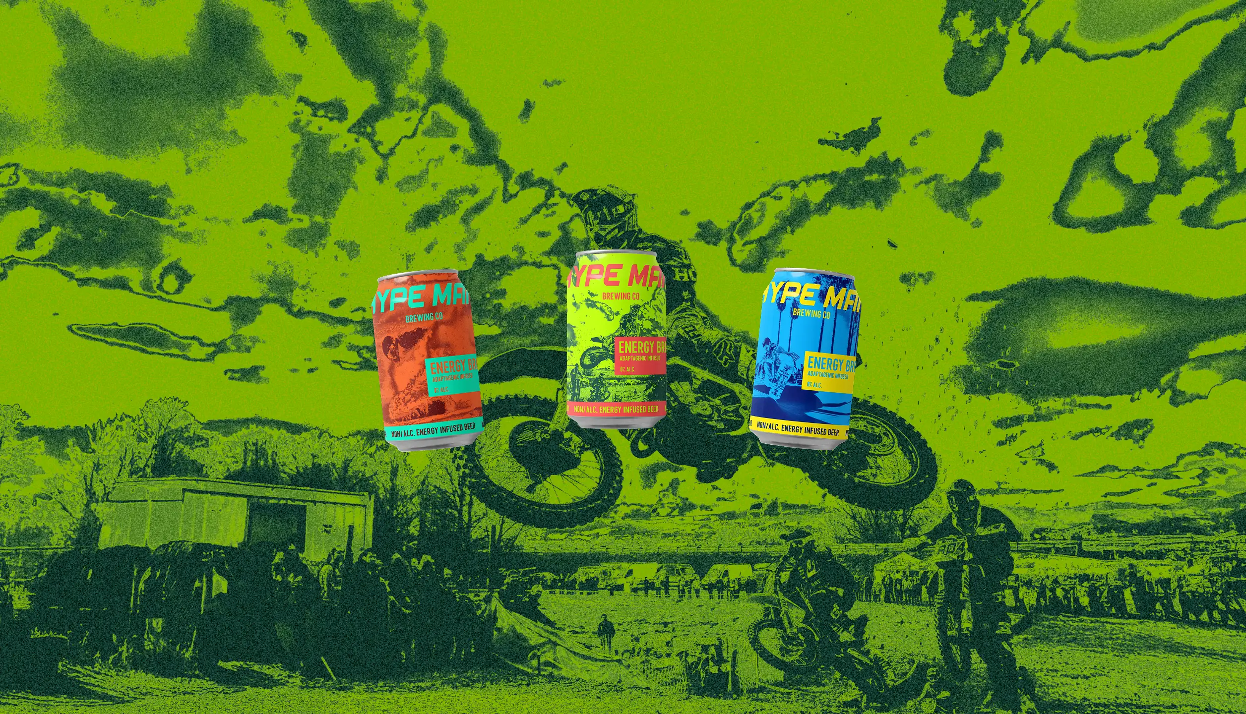 Three Hypeman energy drink cans floating over a neon green motocross scene.