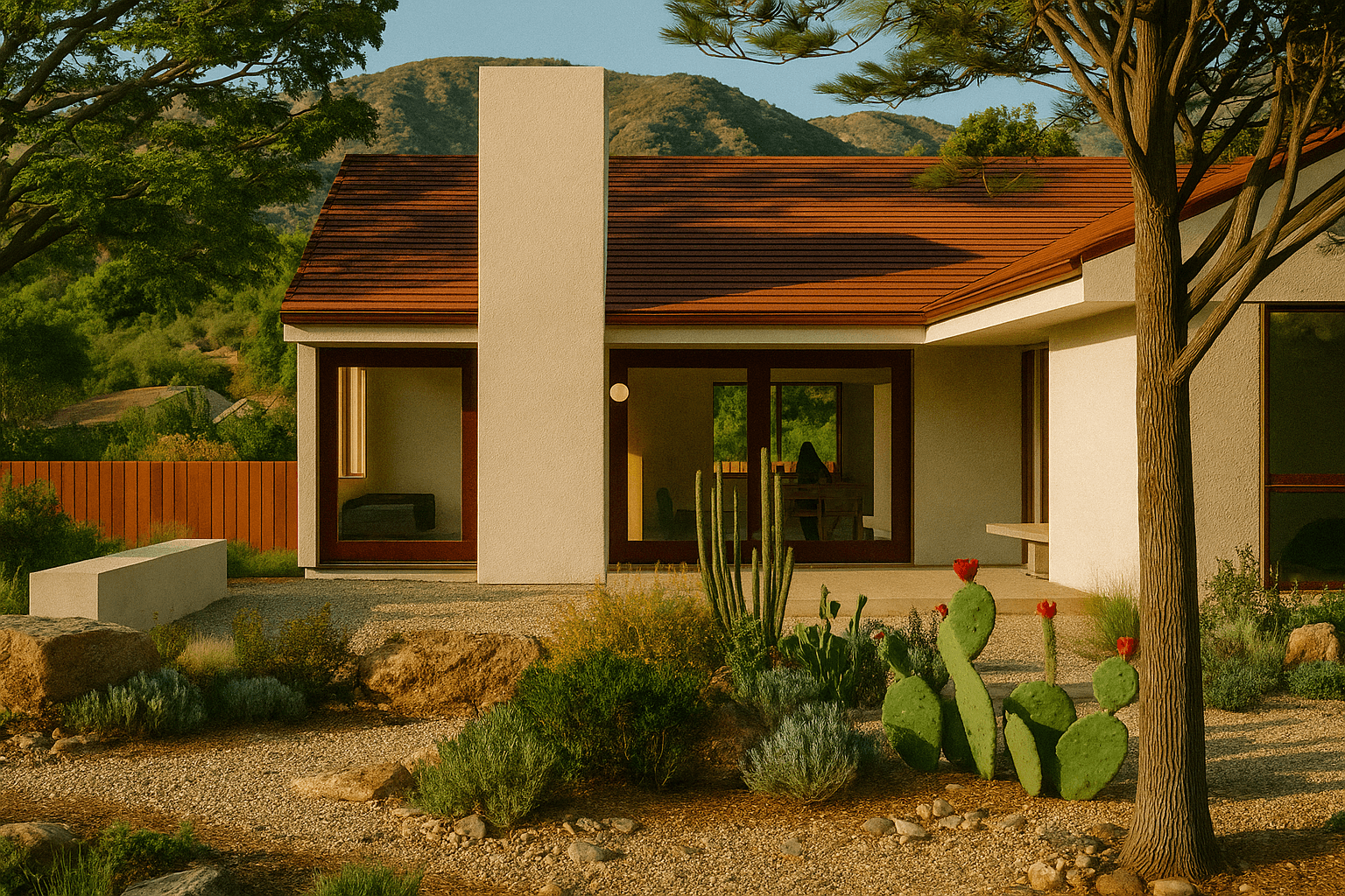 Front entry of a modern cottage with red-trimmed windows, wood door, and desert landscaping.