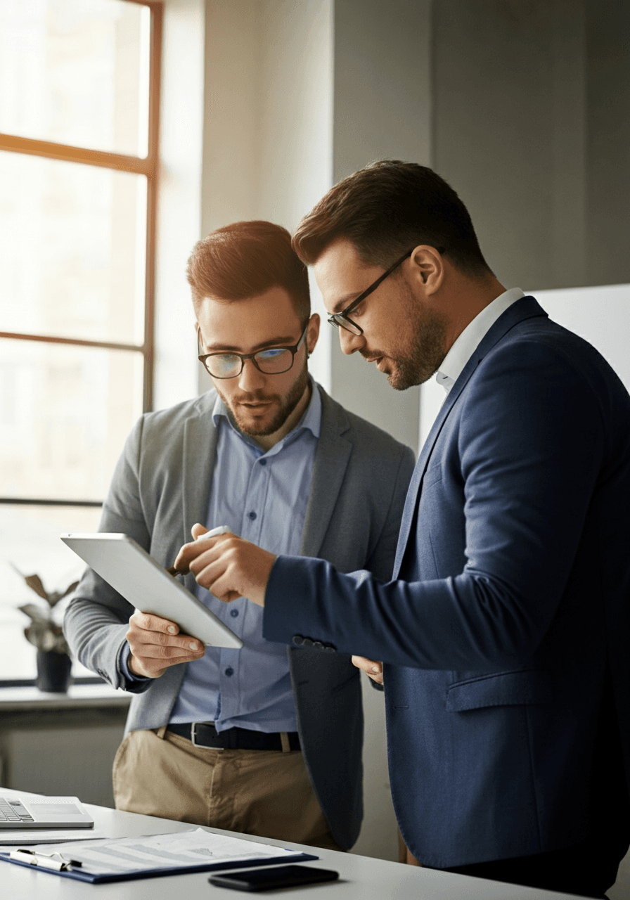 Professional financial advisor and young client reviewing documents on tablet in modern bright office, natural window lighting, business casual attire, collaborative atmosphere, shallow depth of field, corporate photography style