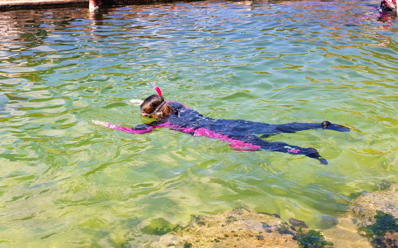 有人在清澈的海水中靠近岩石海岸潜水。