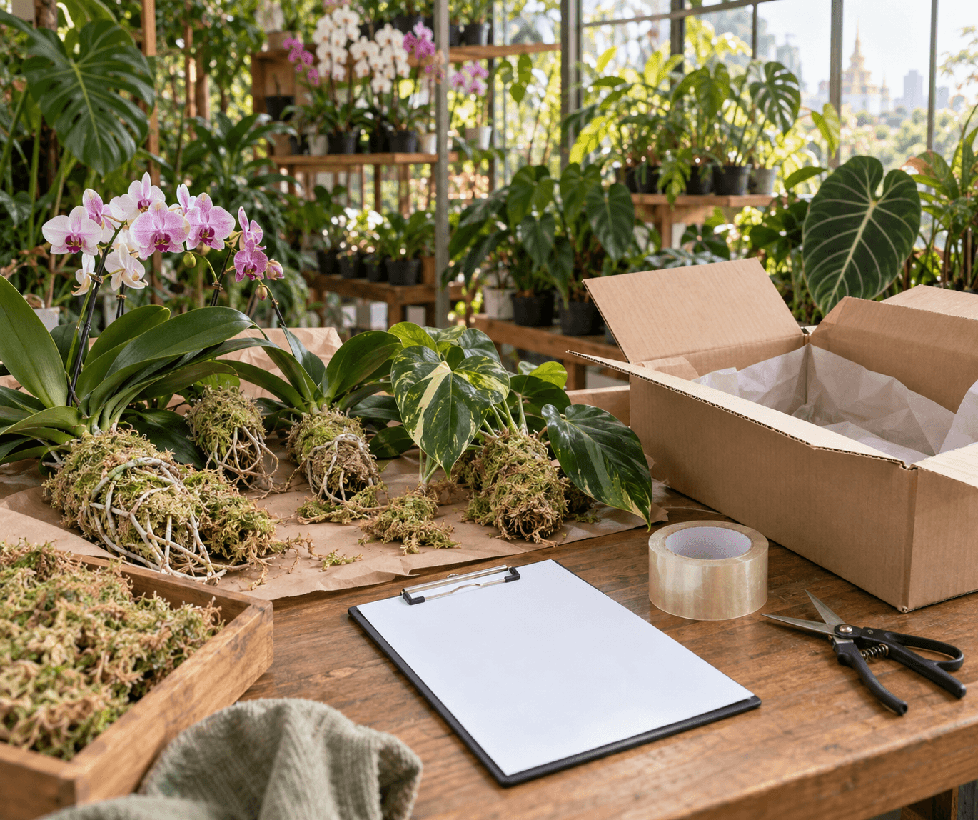 Orchids and bare root plants on a nursery table beside a clipboard, tape and an open shipping box