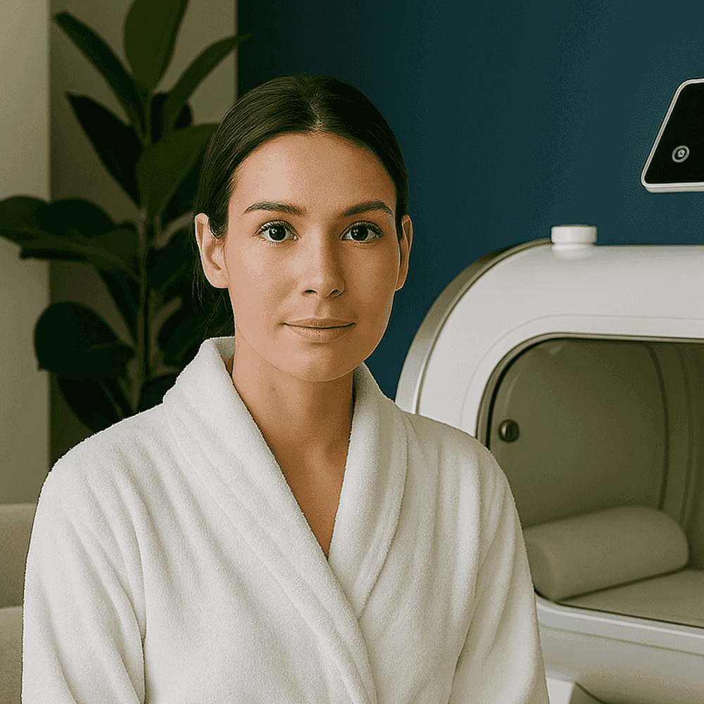 Woman in a white robe sitting in a modern wellness spa.
