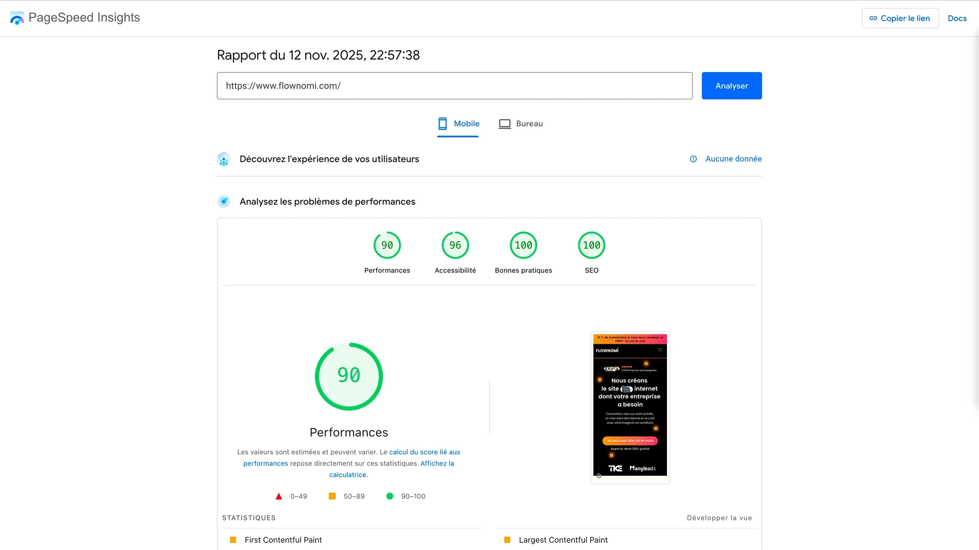 Résultat des performances d'un site fait sur Framer.