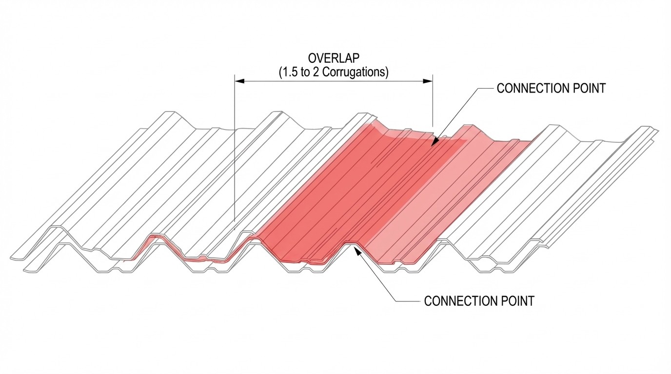 Cross-section diagram showing proper side lap overlap of 1.5 to 2 corrugations.