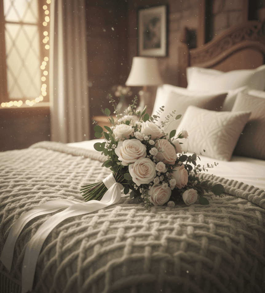 Wedding flowers resting on chair