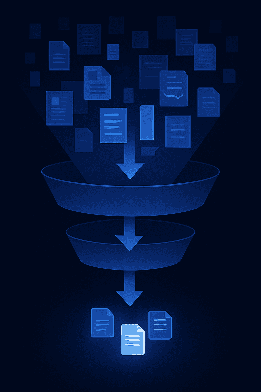 Abstract three-stage funnel narrowing documents to final citations, visualizing Perplexity’s ranking process