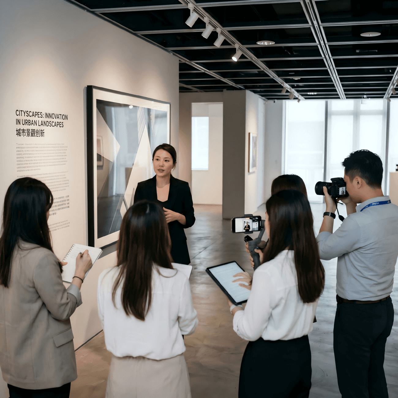 VIP媒體預覽開幕場內導覽，策展人向記者與KOL講解重點展品，為展覽開幕前打造專屬報道與話題 VIP media preview tour inside the exhibition with curator presenting key works to journalists and influencers to generate coverage before public opening 展覽媒體預覽 記者導覽 KOL體驗 開幕策劃