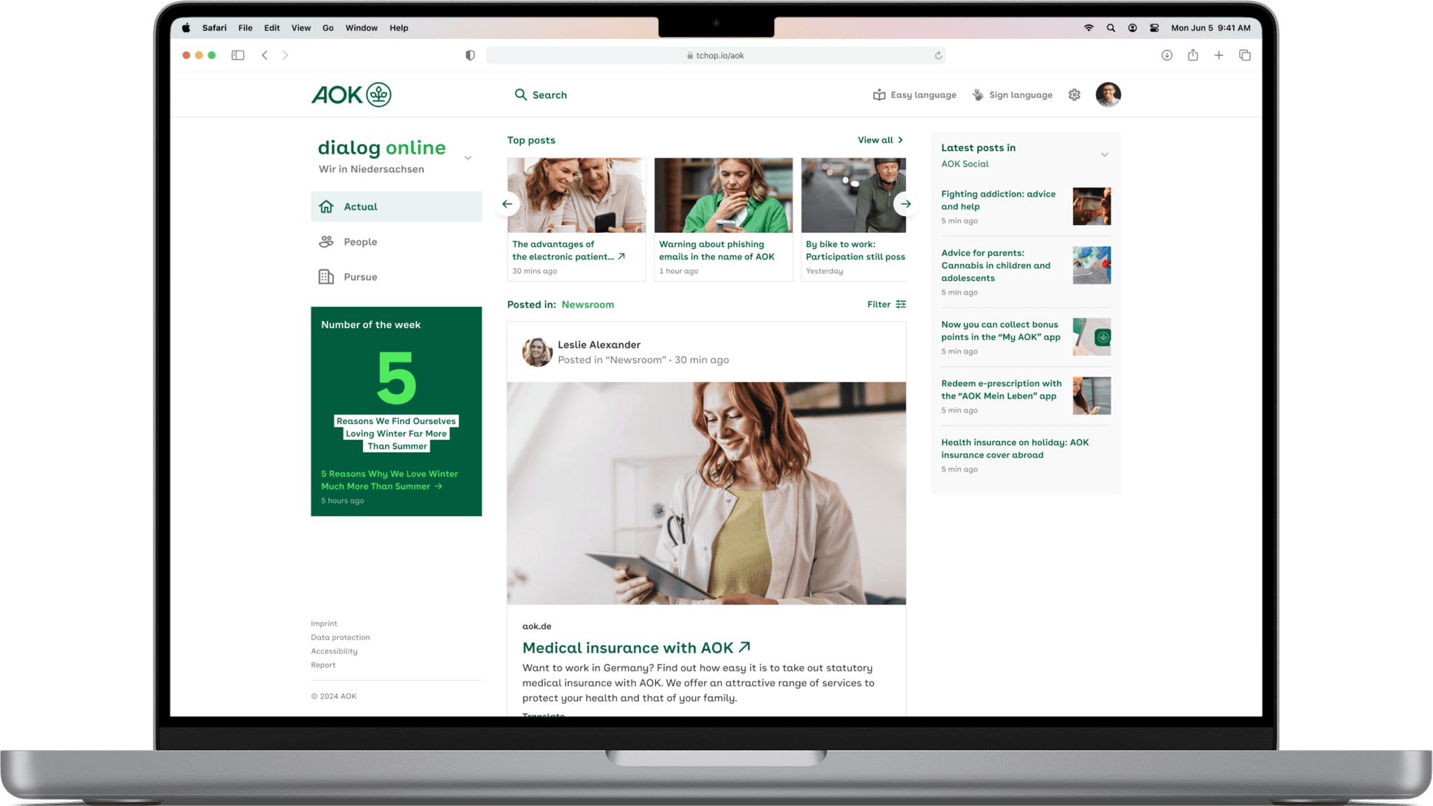 AOK's branded web app featuring a personalised news feed, internal posts, and top news highlights. Users can navigate the employee dashboard for real-time updates on medical insurance services and internal communications.