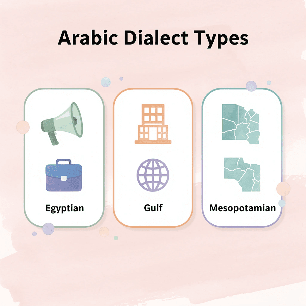 Five cards showing different Arabic dialect types with icons