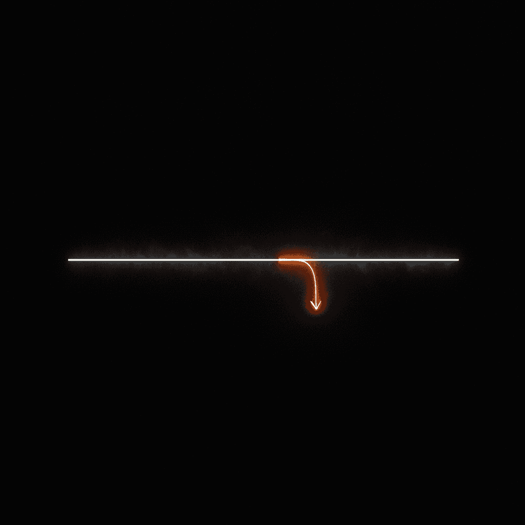Single thin orange light line bending sharply at a measured midpoint against deep black field