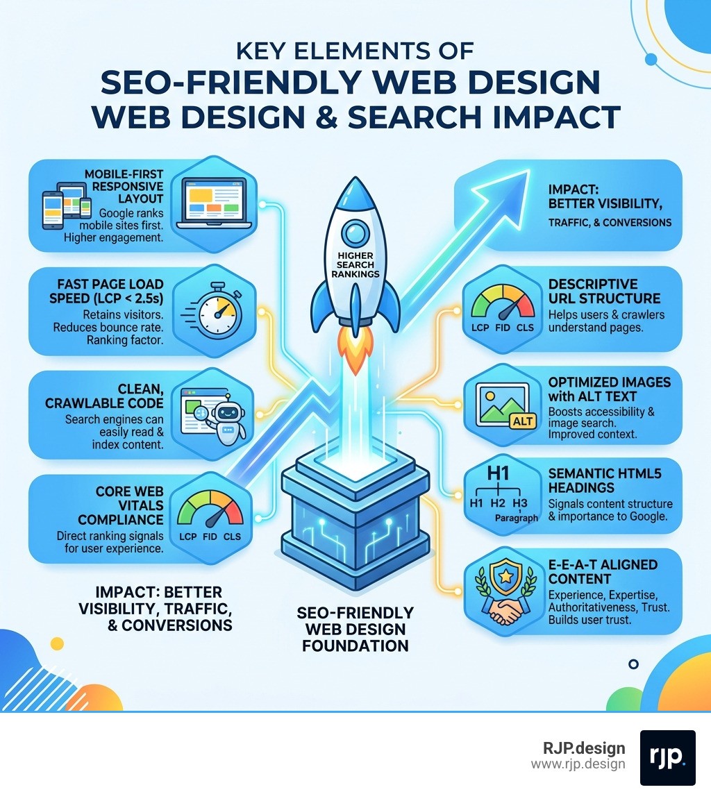 Infographic showing the key elements of SEO-friendly web design and their impact on search rankings - best seo web design