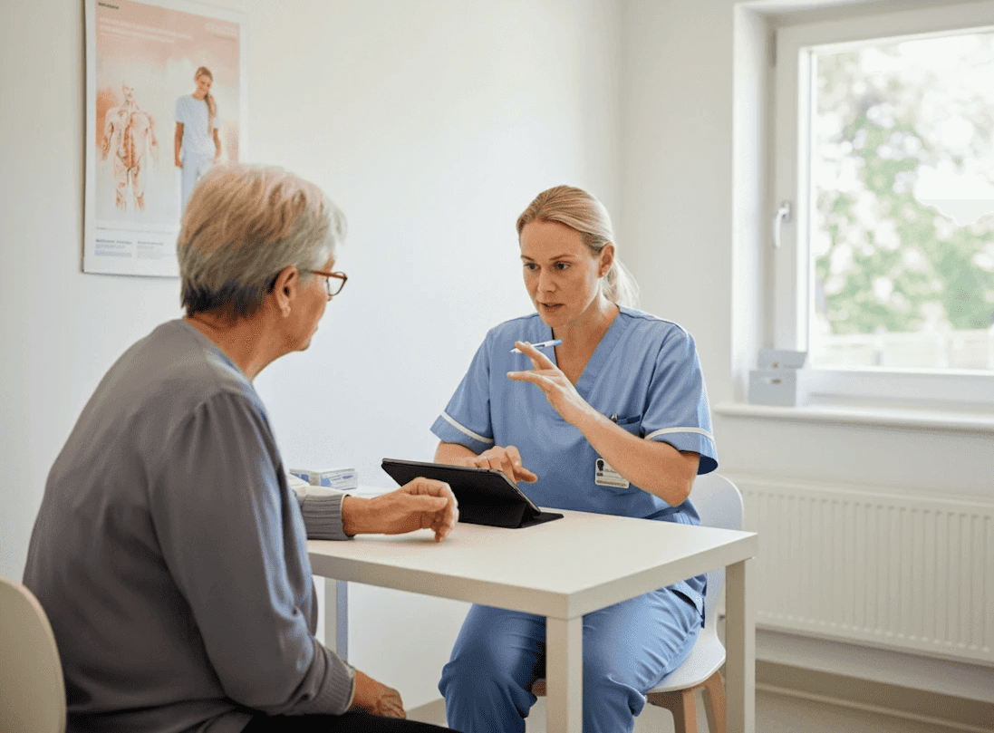 Nurse discussing with an elderly patient, representing preventable hospital readmissions.