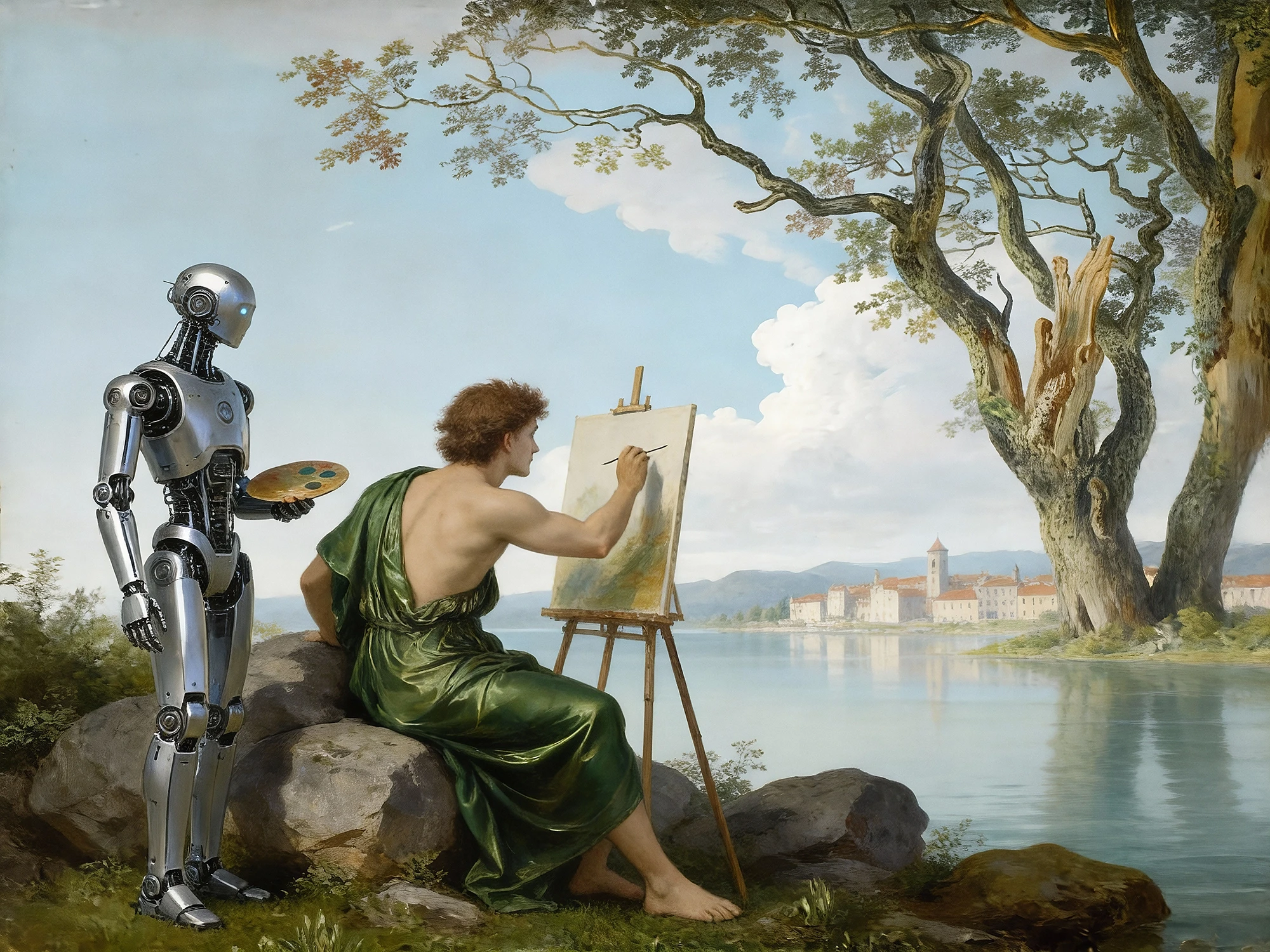 Classical painter in green robes working at easel by lakeside while robot assistant holds paint palette, blending Renaissance art with modern AI collaboration.