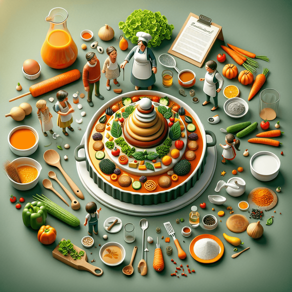 Detaillierte Szene mit einem großen, kunstvoll gestalteten Gemüse-Kuchen im Zentrum. Rundherum stehen Familienmitglieder und ein Koch, umgeben von Zutaten wie Karotten, Kürbissen und Gewürzen – das Bild vermittelt gemeinsames Kochen, Ernährungskompetenz und familiäre Freude.
