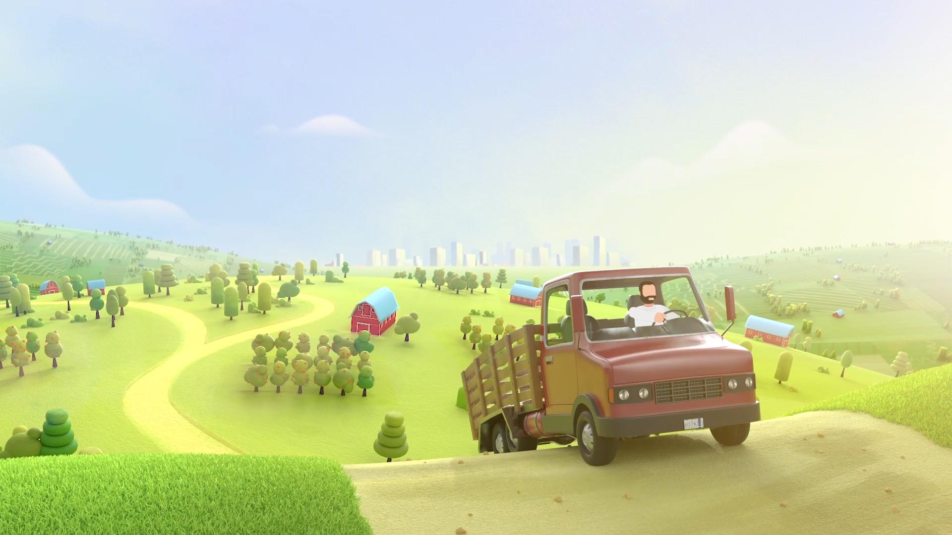 3D animated farming scenary with a truck in the foreground