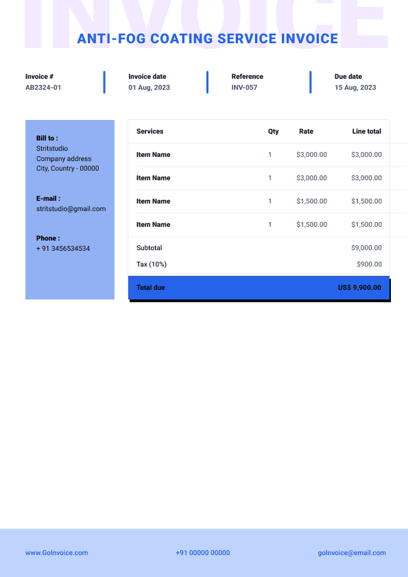 Anti-Fog Coating Service Invoice