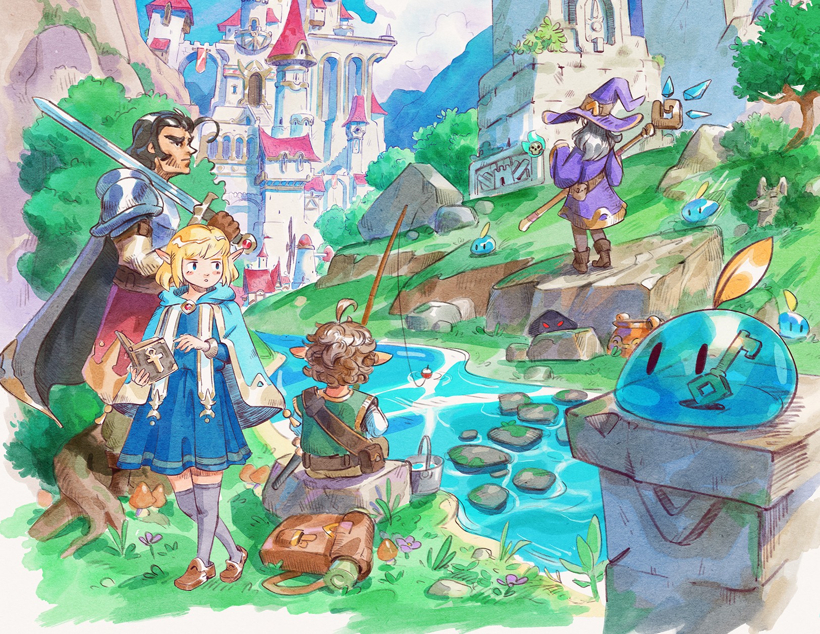 Treasures Untold — bilingual rules-light TTRPG adventure game cover, illustrated in watercolor JRPG style, by Isshobi