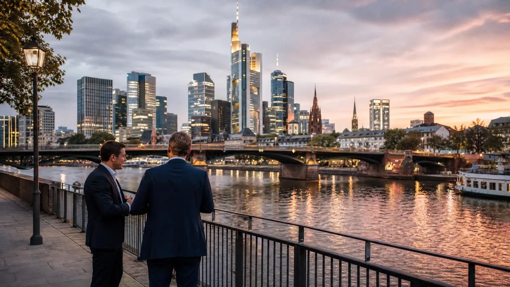 Zwei Geschäftsleute im Gespräch vor der Frankfurter Skyline