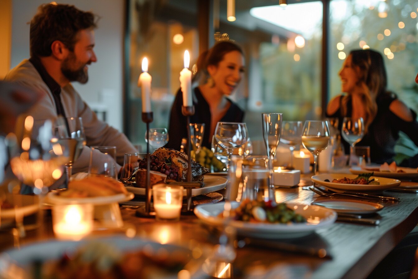 Elegant private dining scene in a Houston home with candlelight, plated dishes, and guests enjoying Chef Iliana’s cuisine.
