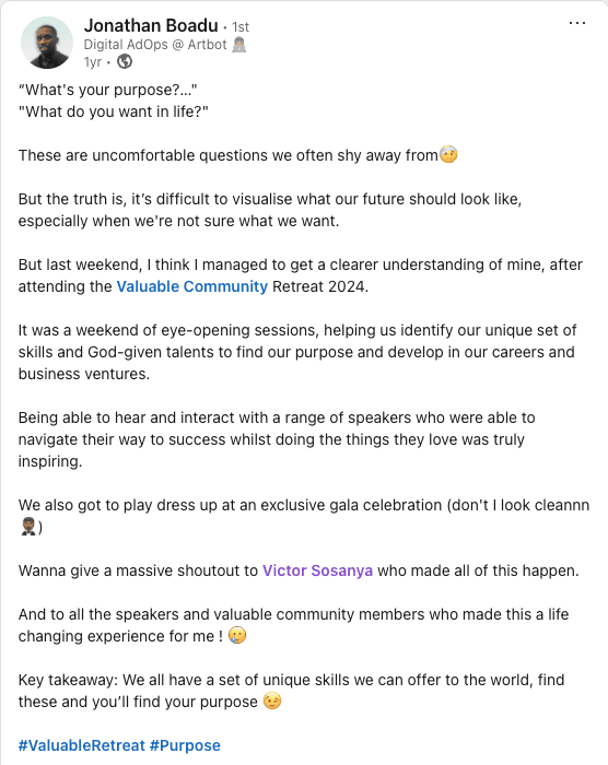 LinkedIn post emphasising the impact of The Valuable Retreat on attendees.