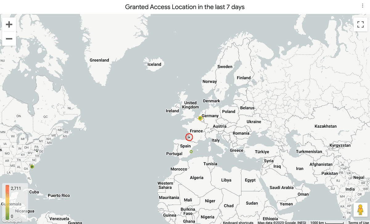 World map highlighting granted access locations over the last 7 days, with markers over multiple countries including a high concentration in Central America and several in Europe