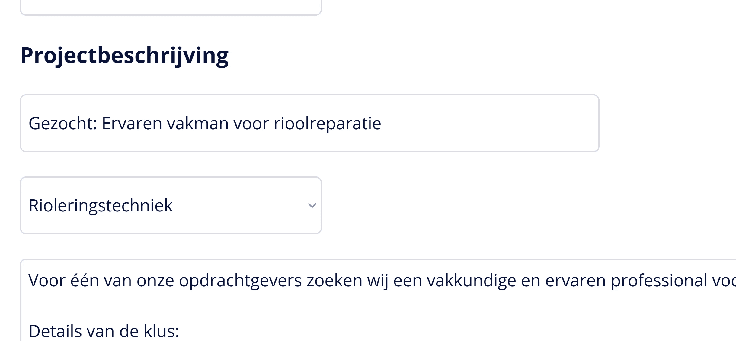 Screenshot van een projectbeschrijving op het Tech Matchers platform, waar opdrachtgevers ervaren vakmensen zoeken voor rioolreparatie en andere klussen in de rioleringstechniek.