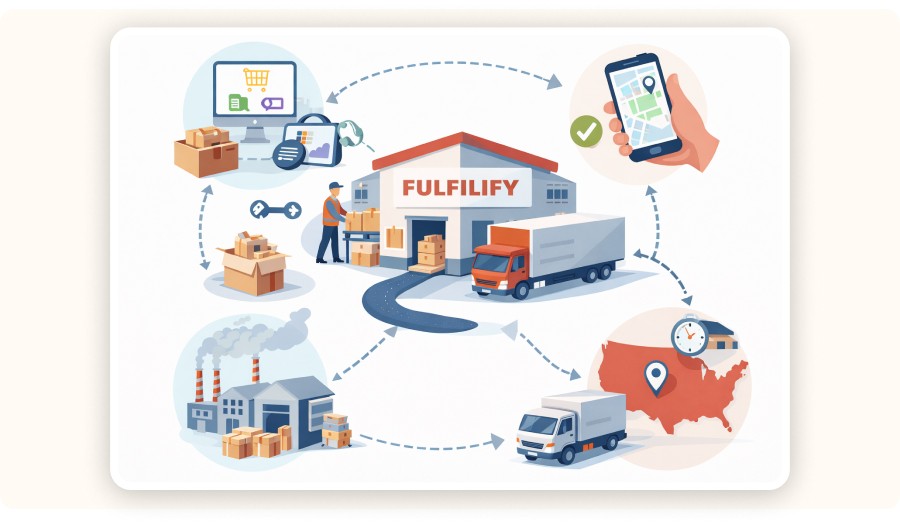 Fulfillment flow: supplier, warehouse, packing, shipping, customer delivery