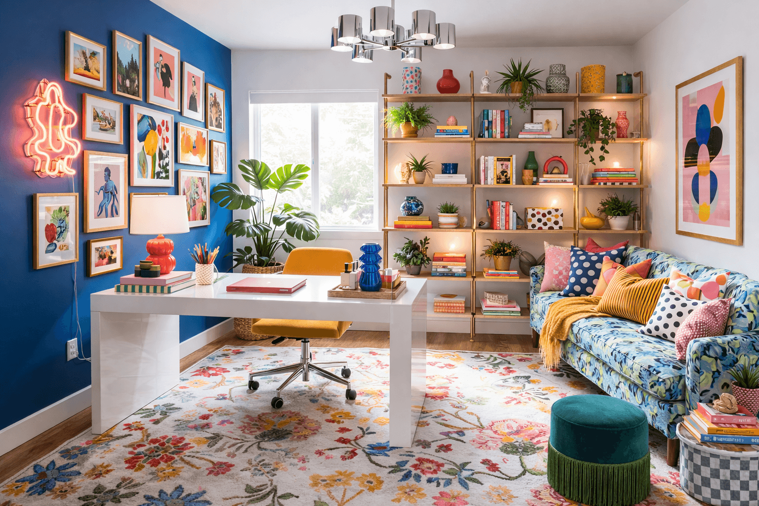 Dopamine decor office with white laqure desk, electirc blue accent wall, blue patterened sofa, gallery wall, bookcase with decor and patterned rug.