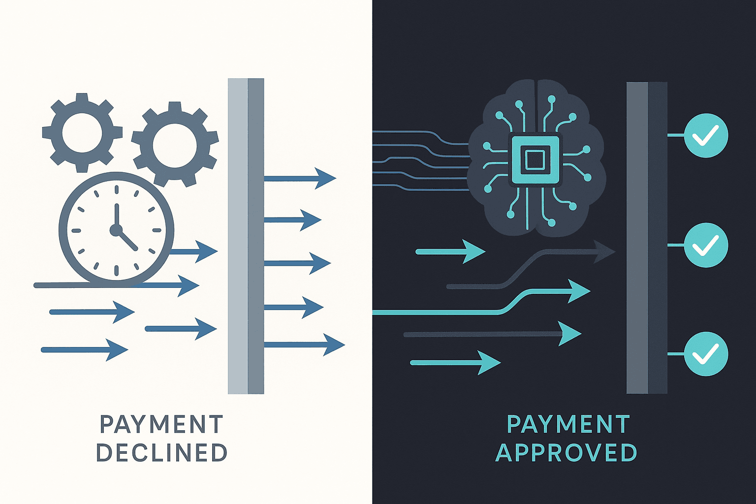 Vector comparison of fixed retry attempts failing versus AI-optimized retries succeeding