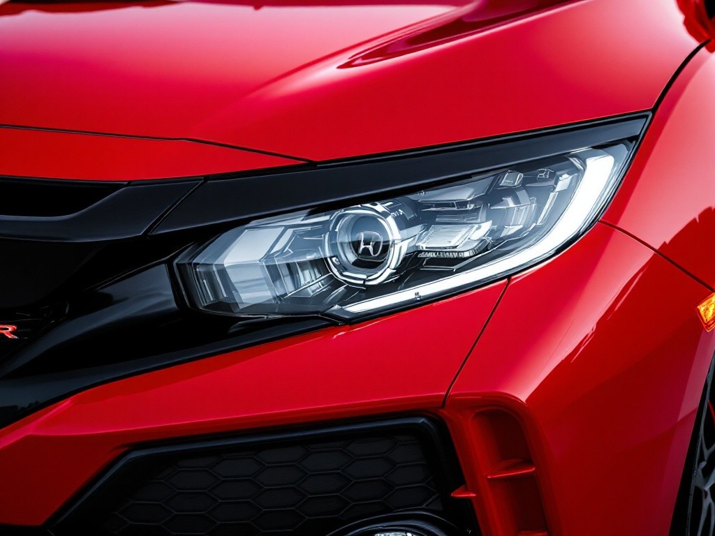 Close up of a red Honda Civic Type R's headlight