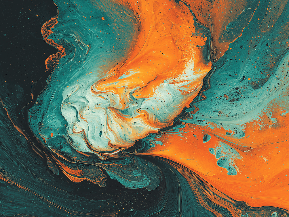 An abstract swirl of teal and orange colors resembling fluid motion or cosmic elements.