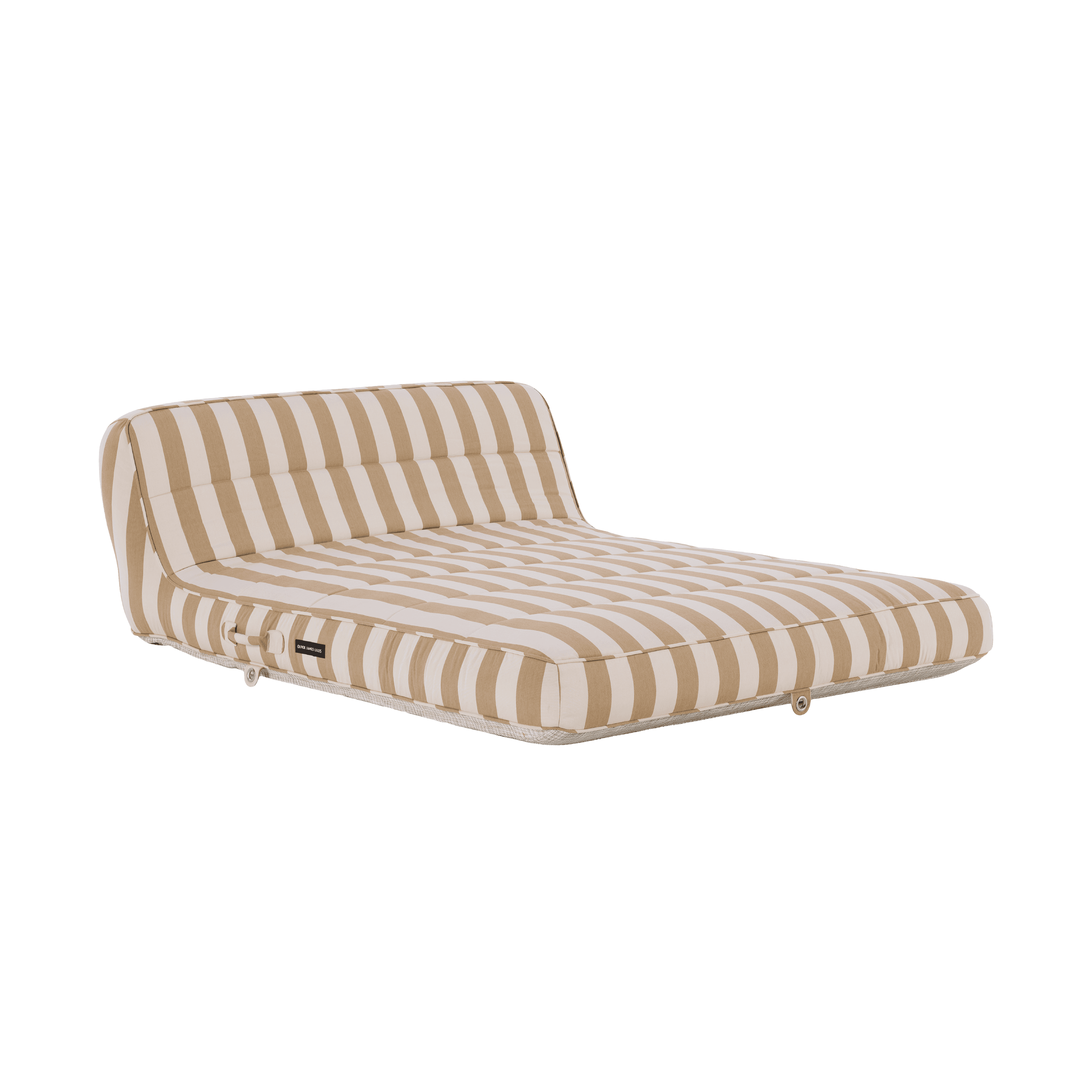 Luxury double pool float in wide beige-and-white stripe canvas with raised headrest and quilted panels
