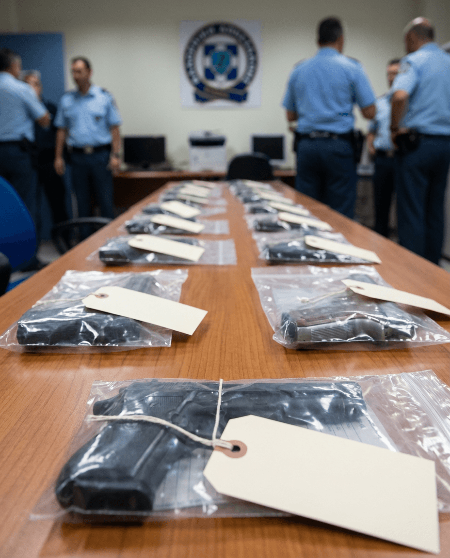 Evidence tagged firearms displayed on a table during an investigation.