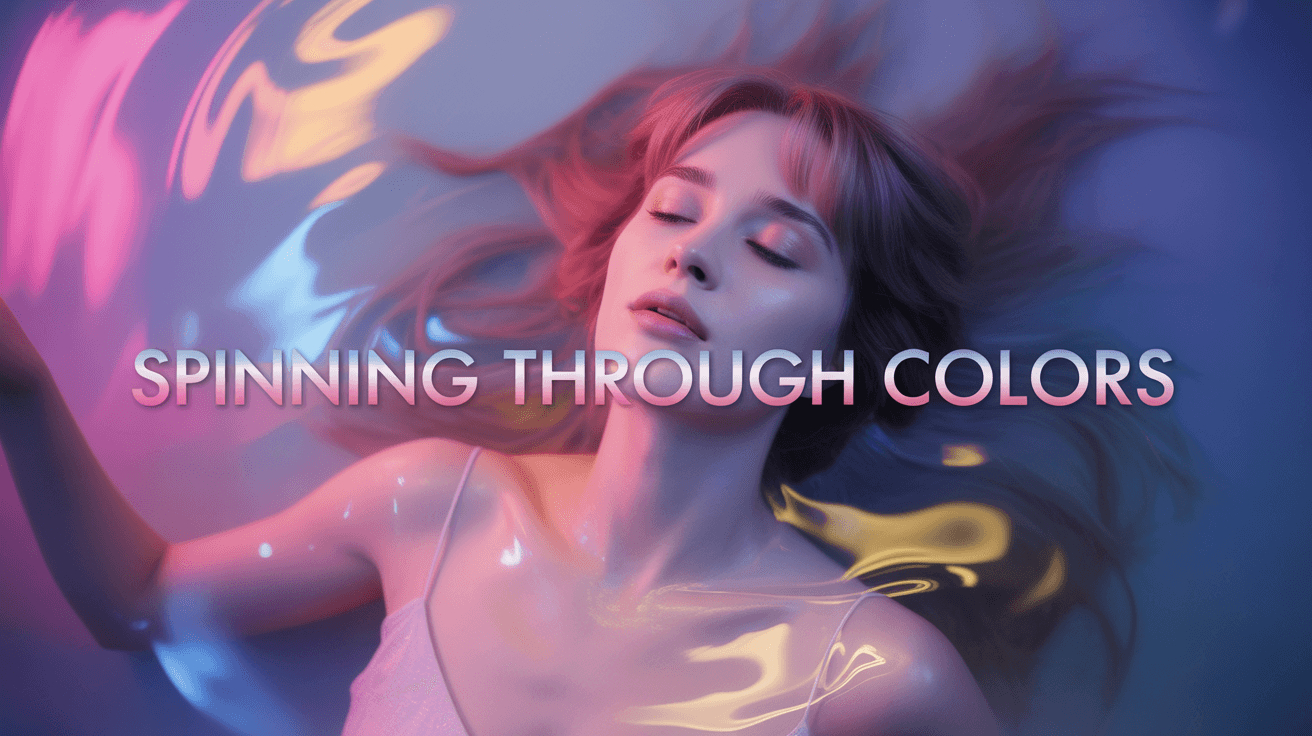 Floating woman in glowing pink and blue light with Spinning Through Colors title across the frame
