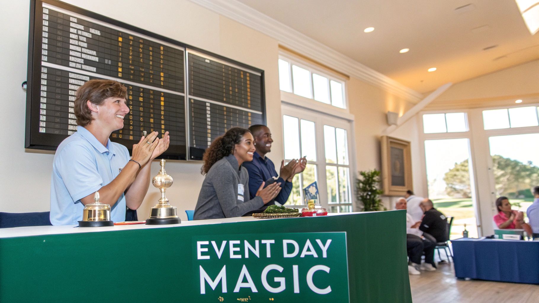 Three diverse people smiling and clapping behind a green 'Event Day Magic' table at a celebratory golf event.