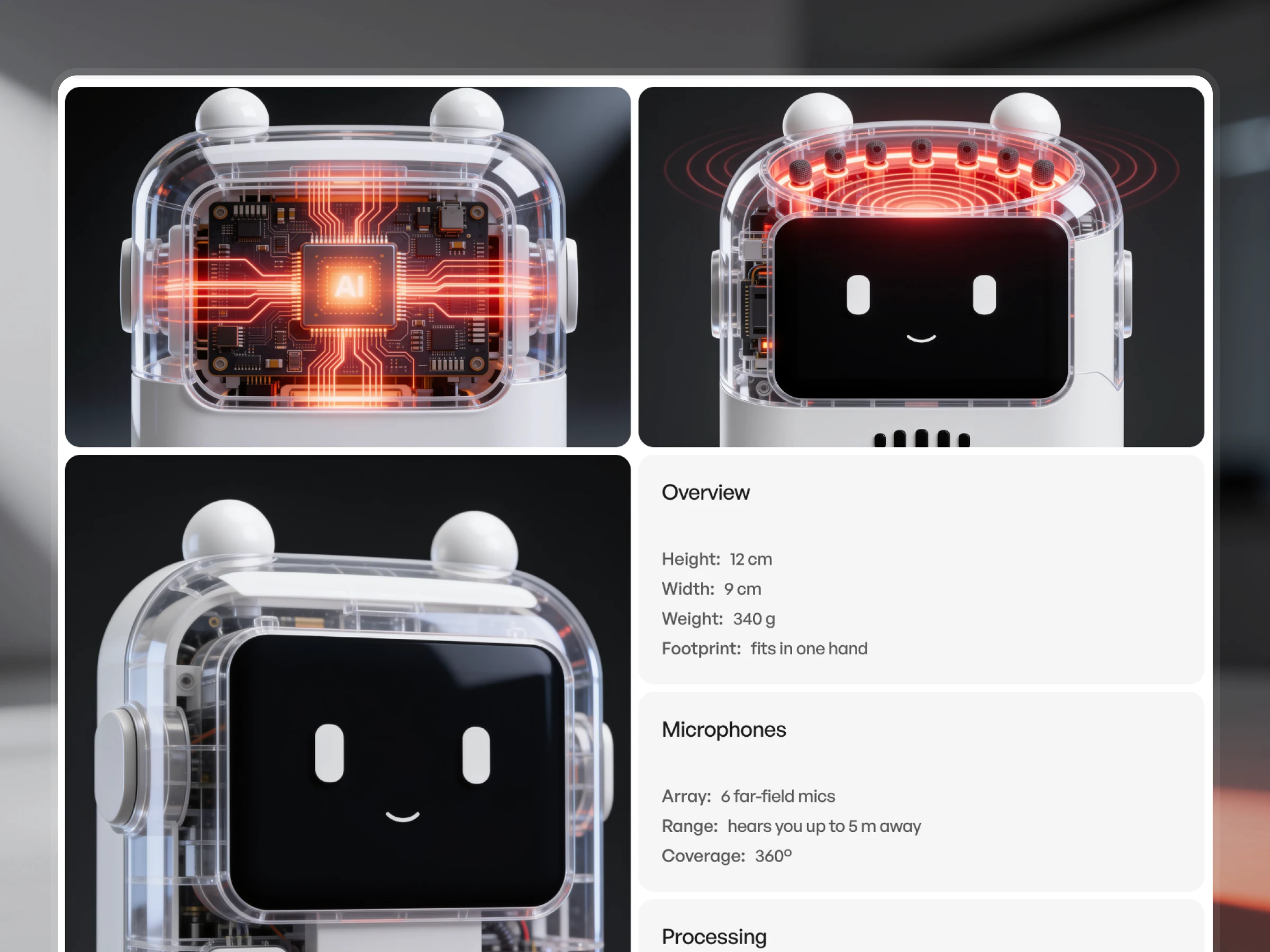 Sonora device internals with transparent robot shell and spec sidebar
