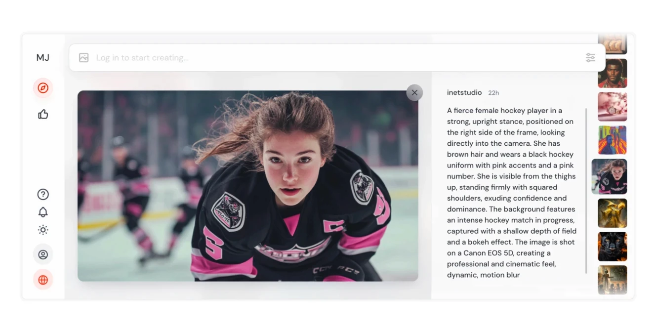 An AI-generated image of a female hockey player with a detailed prompt describing her stance, outfit, and background