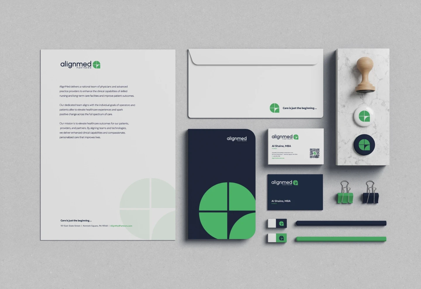 Extending the "Clinical Cleanliness" design system into tangible assets. This unified collateral suite ensures that every administrative interaction—from recruitment to patient care—signals the same level of institutional rigor as the clinical operations themselves.