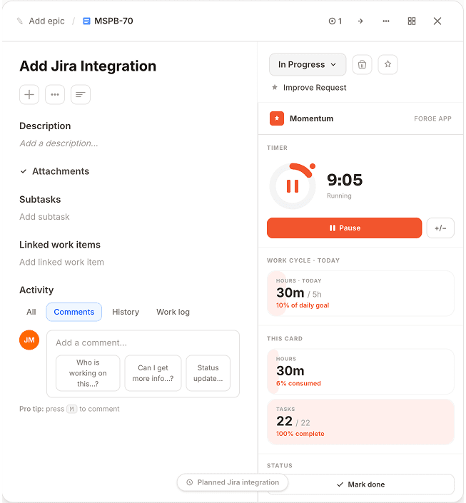 Momentum Jira integration interface