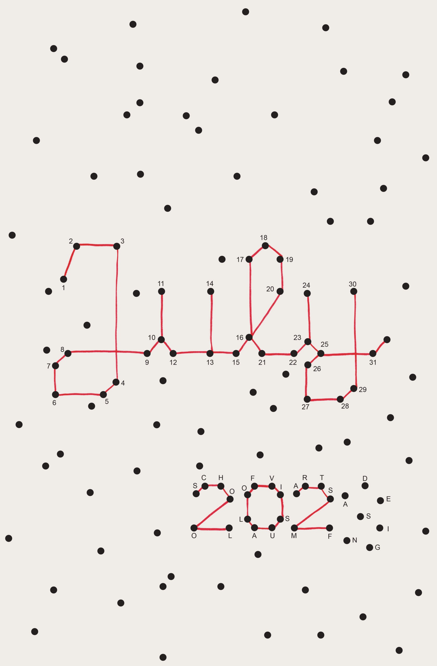 Poster for July 2023 made with red lines connecting dots to form the July word and the year 2023