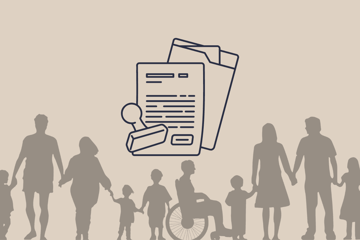 Line art of a stamped document above silhouettes of diverse people and a person in a wheelchair.