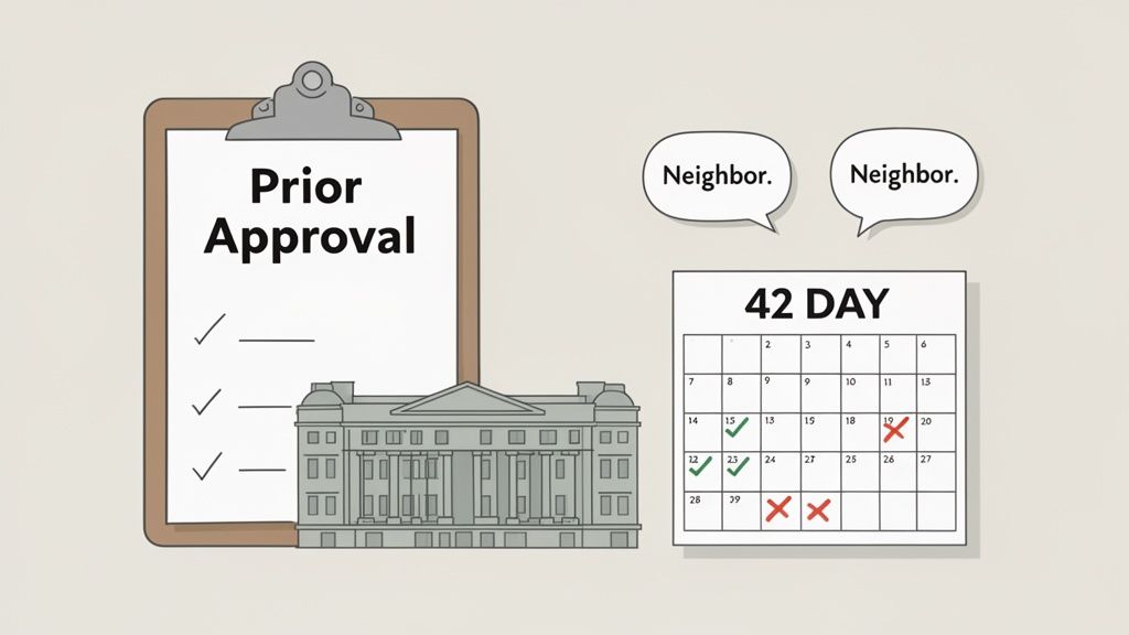 An illustration depicting a prior approval process with a clipboard, government building, neighbor input, and a 42-day calendar.